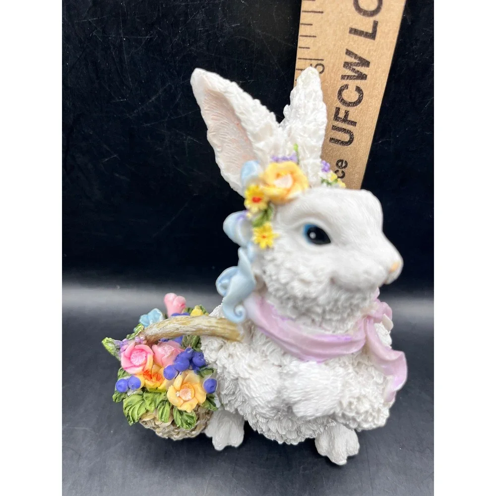 White Resin Easter‎ Bunny Figurine Floral Basket Scarf Figurine Decorative 5